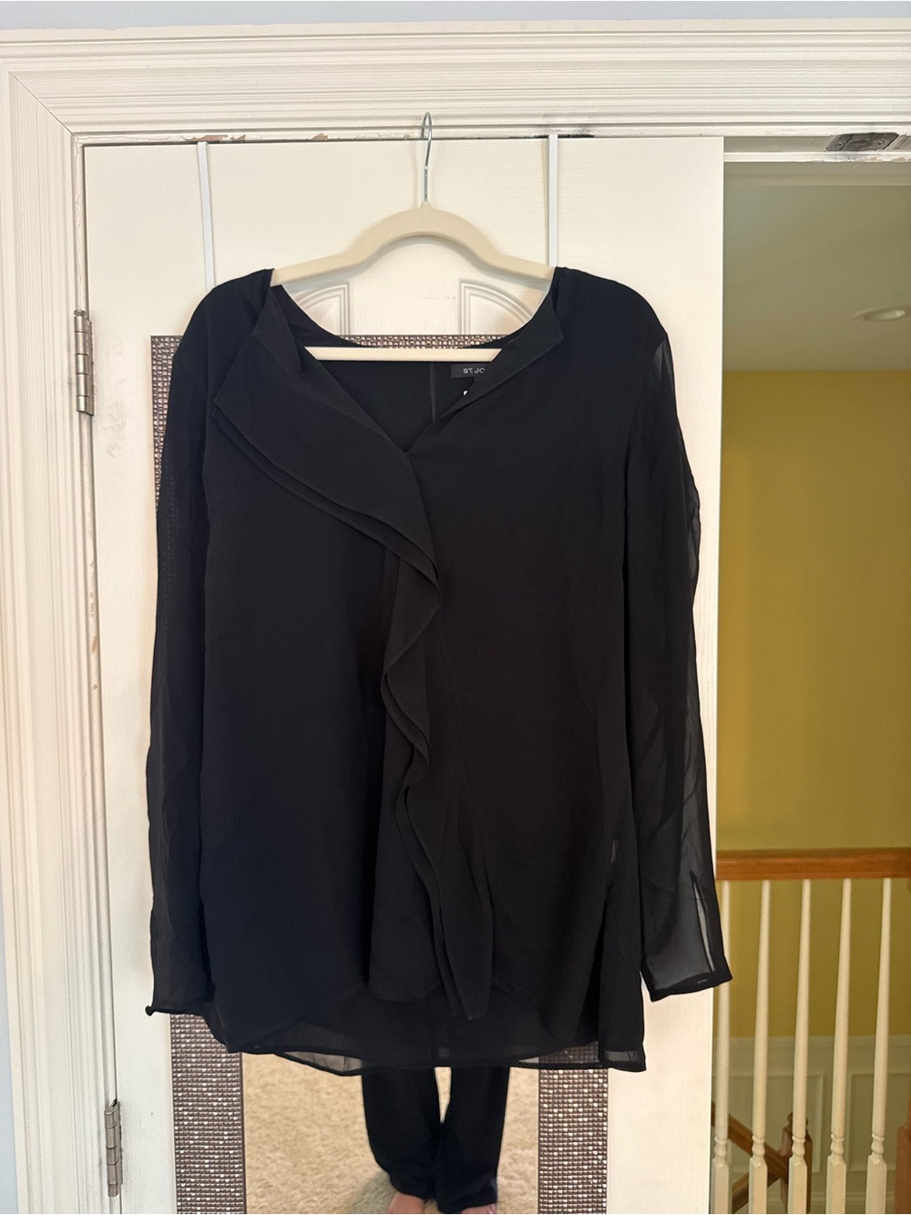 St. John Black Ruffle-Front Long-Sleeve Blouse